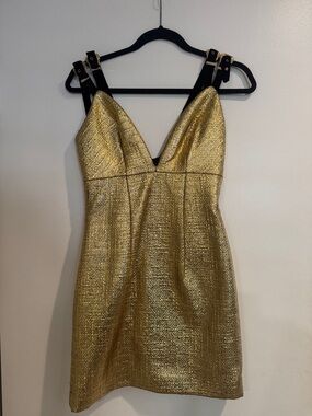 Versace Jeans Couture Metallic Gold Mini Dress with Buckle-Strap Shoulders